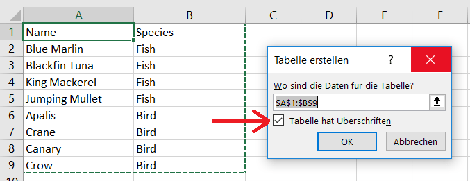 Tabelle erstellen in Excel