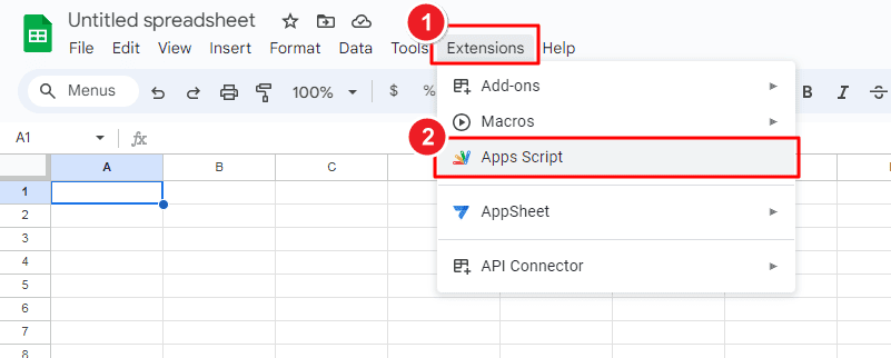 Screenshot von Google Sheets mit geöffnetem oberen Menü, das den Pfad „Erweiterungen > Apps Script“ für den Zugriff auf den Skript-Editor anzeigt.