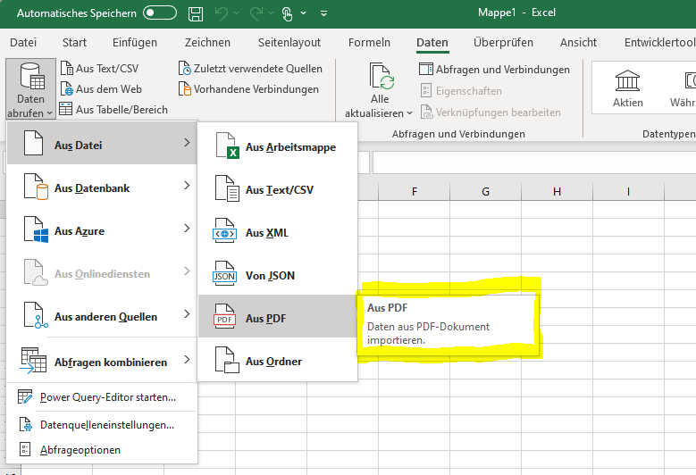 Um das PDF zu importieren öffnen Sie bitte Excel und gehen Sie dann zum Tab "Daten" -> "Daten abrufen" -> "Aus Datei" -> "Aus PDF".