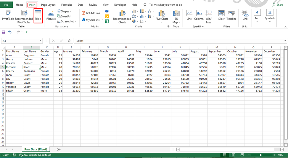 1. Um einen Datensatz in eine Excel-Tabelle umzuwandeln, wählen Sie auf der Registerkarte Einfügen eine beliebige Zelle in den Daten und dann Tabelle aus.