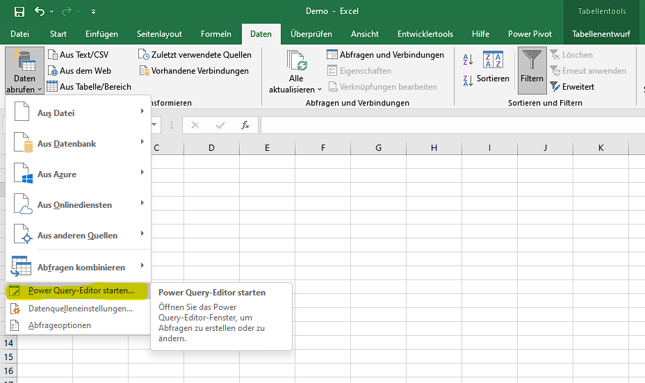 Wählen Sie in der Excel-Tabellenansicht die Registerkarte “Daten abrufen” > “Power Query-Editor starten”.