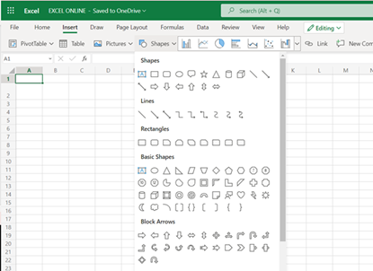 Sie können in Excel Online eine Vielzahl von Formen, Linien und Pfeilen einbetten.