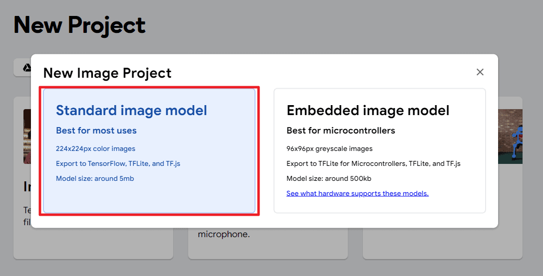 Nachdem Sie das Bildprojekt ausgewählt haben, wählen Sie „Standard image model“.