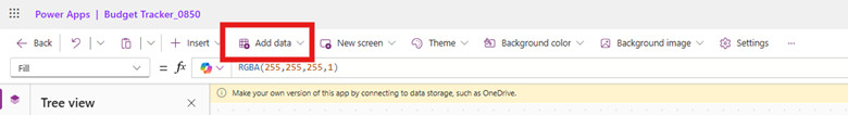 Add data: Opens the Data pane where you can connect to external data sources (e.g., Excel, SharePoint, Dataverse, SQL).