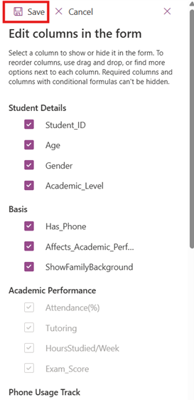 Click save in edit columns in the form in Microsoft List
