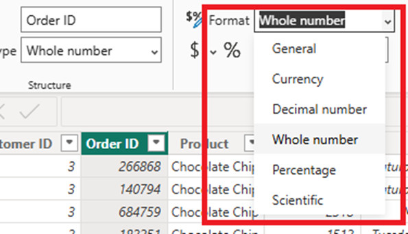 Screenshot der Datenmodellansicht in Power BI mit hervorgehobenen Optionen für Datentypen und Formatierung ausgewählter Spalten, z. B. Text, Ganzzahl, Dezimalzahl oder Datum.