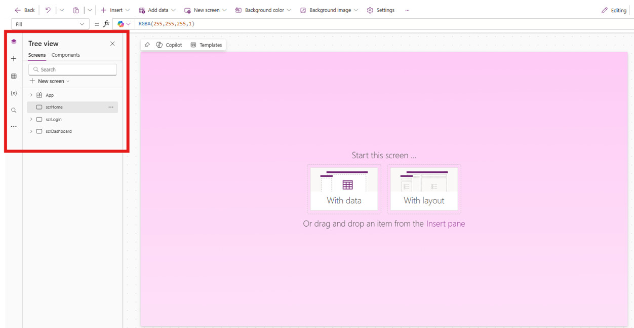 You can view and manage your screens in the Tree View on the left side of Power Apps Studio.