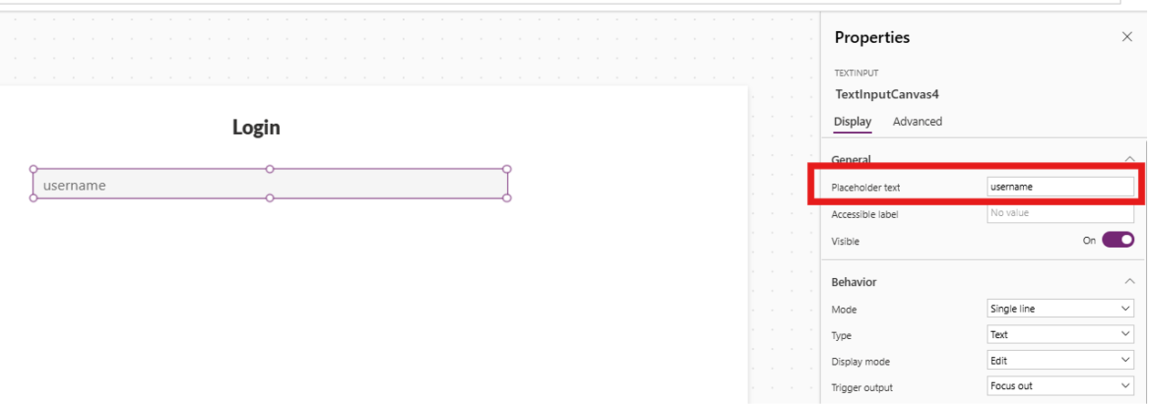 Properties pane: Under General > Placeholder text, enter "username"
