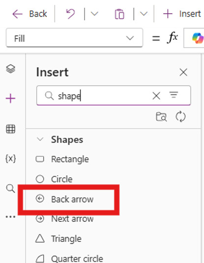 Search for Shape, then choose Back arrow.