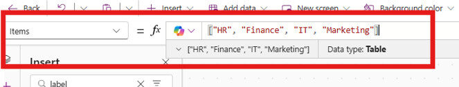 In the formula bar, set the Items property to a list