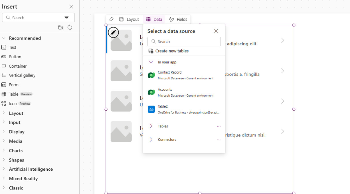 Connect it to a data source or add static content manually.