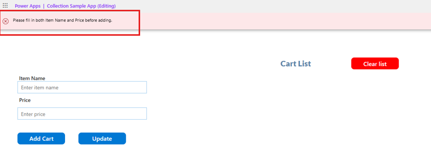 Displays the result after adding a validation message to the Submit button, showing users the feedback they will see if validation fails.