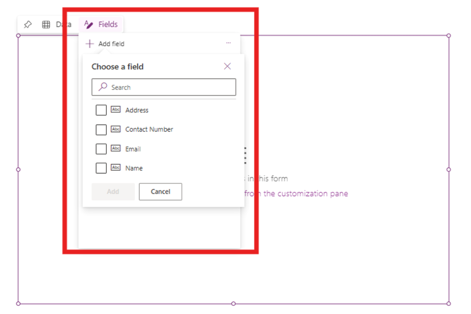 Add fields manually or let Power Apps generate them from your source.
