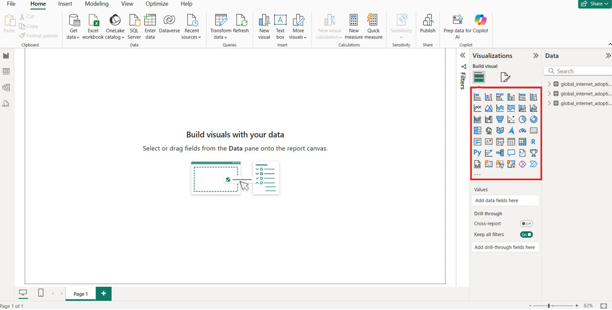 Available charts and visuals to add your report.