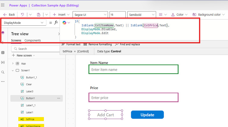 Setting the Add button’s DisplayMode property with the validation formula.
