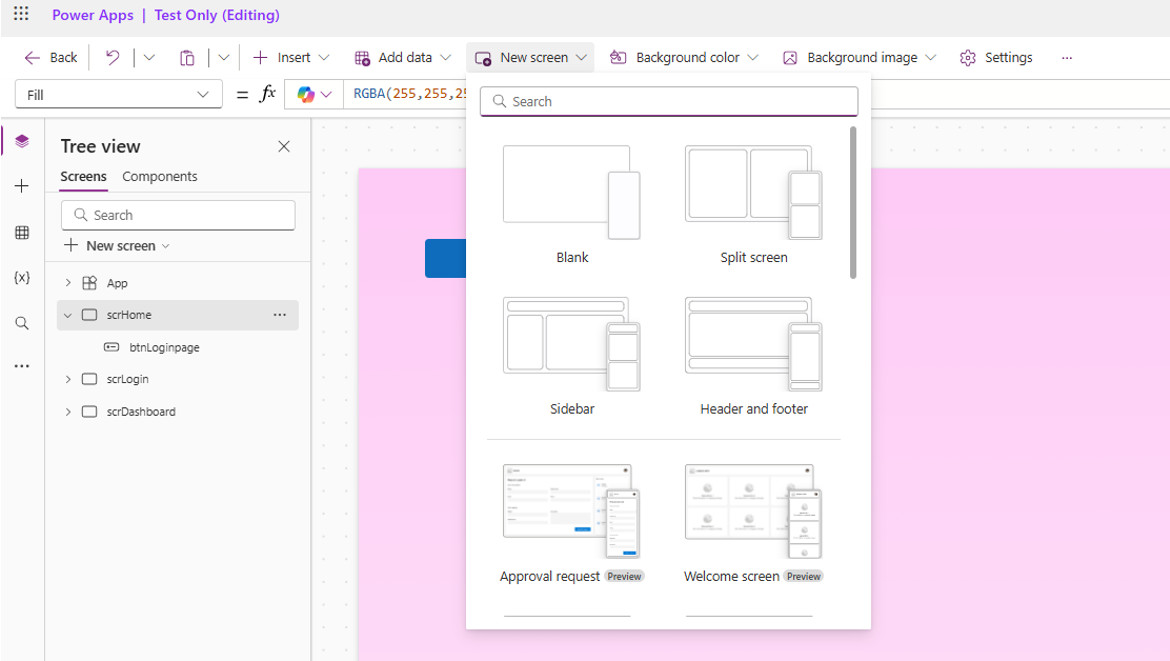 Choose a layout (e.g., Blank, Split Screen, Sidebar, etc.)