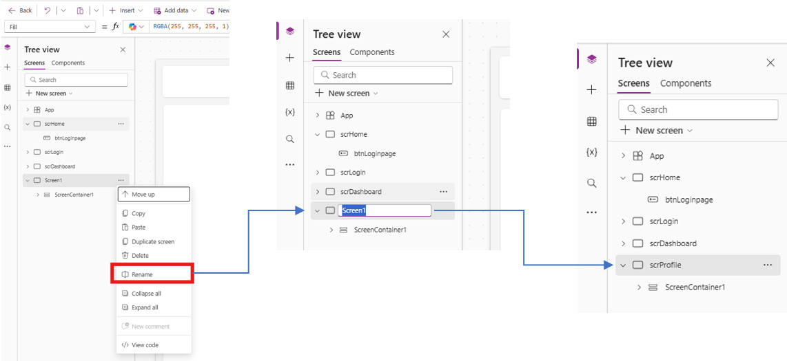 Rename your screens for clarity (e.g., scrHome, scrLogin, scrDashboard) by right-clicking the screen name in the Tree View.