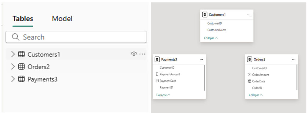 Shows tables collapsed