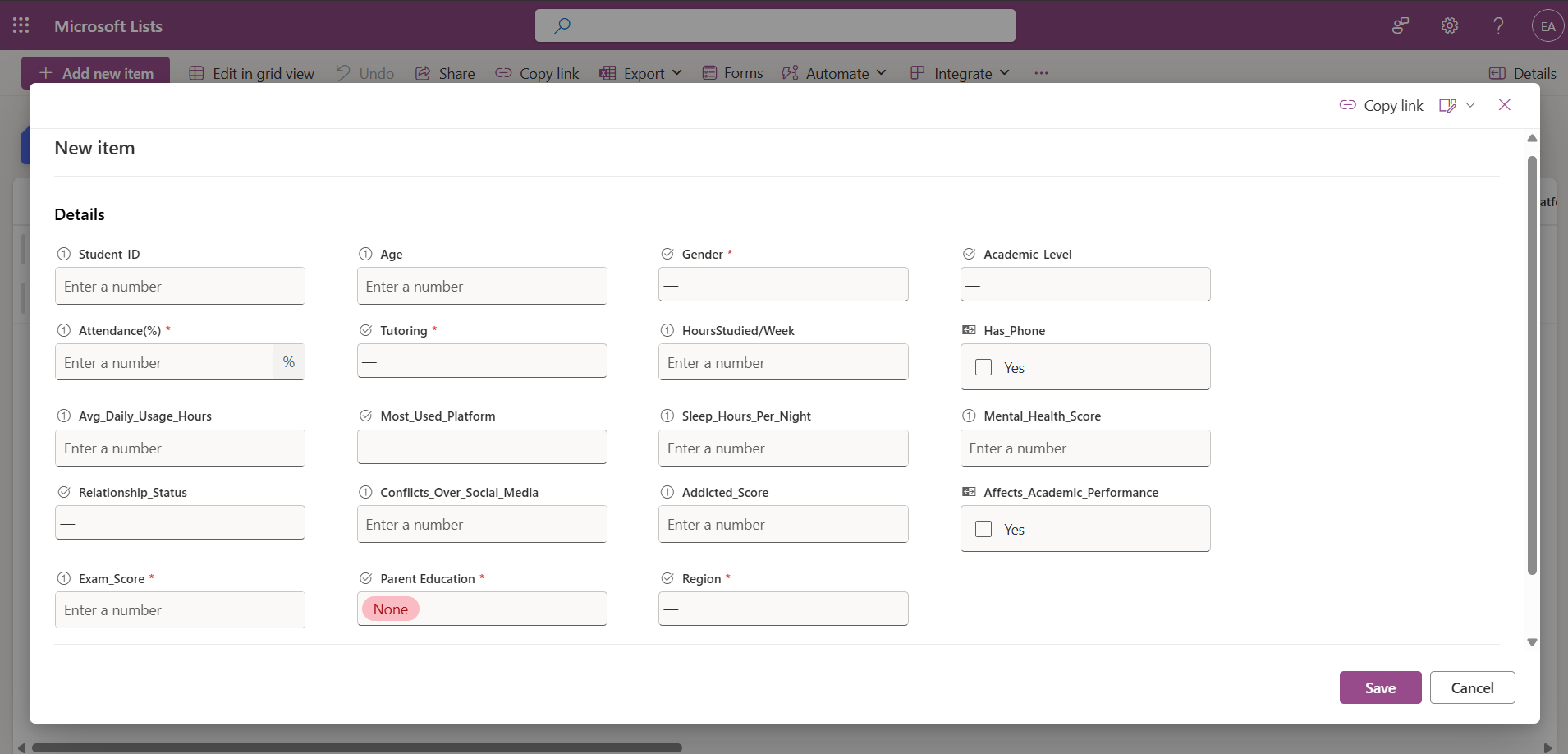 Microsoft List Form