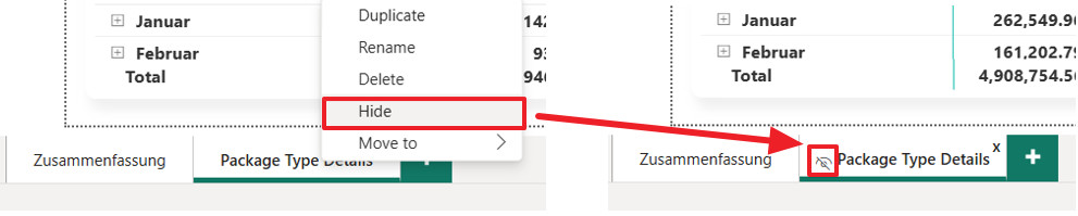 Screenshot von Power BI, der zeigt, wie die Drillthrough-Seite aus der Tab-Navigation ausgeblendet wird, sodass sie nur über Drillthrough zugänglich ist.