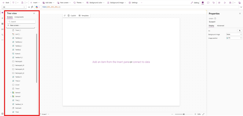 Tree View: Shows a hierarchical structure of your app—screens, controls, components.