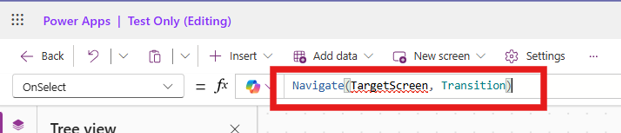 The Navigate() function is used to move from one screen to another.