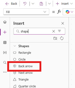 Once the pane appears, type 'Shape' in the search bar, and select Back arrow.