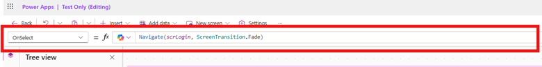 Click on the Button, Icon, Shape, or any control you want to add the action to on your Canvas. At the top of your screen, just below the ribbon, you will see the formula bar.