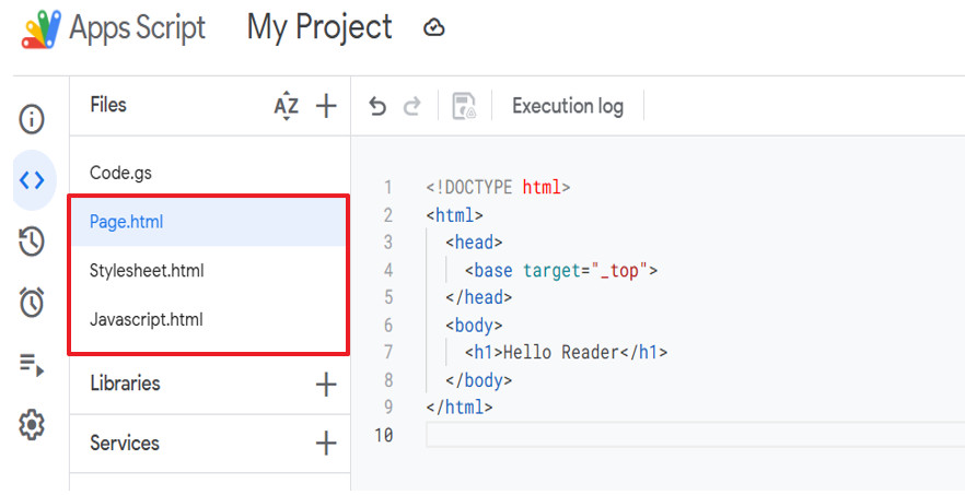 Screenshot des Google Apps Script-Editors mit Dateien wie Page.html, Stylesheet.html und JavaScript.html, die Layout, Formatierung und clientseitiges Verhalten der App definieren.