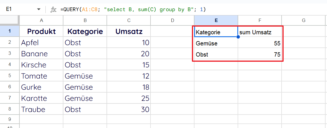 Ergebnis-Screenshot (Summen nach Kategorie)