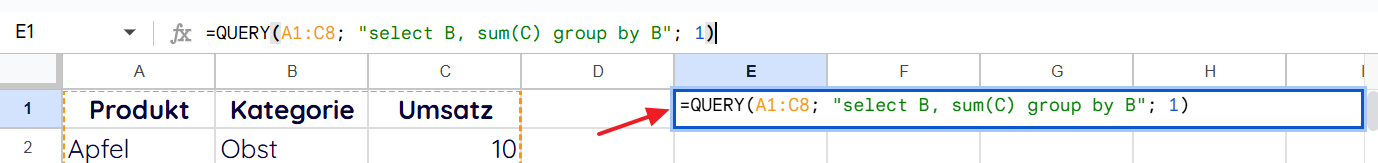  Screenshot der Formel in der Zelle (QUERY-Funktion)