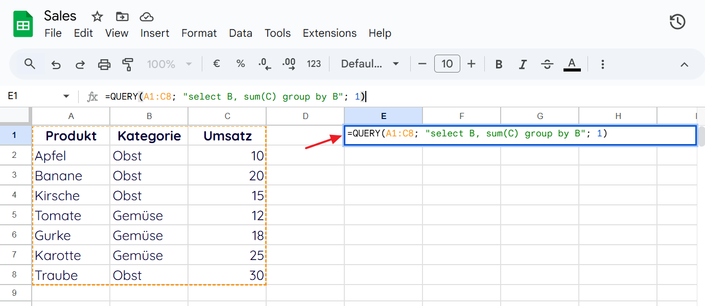 Screenshot der Formel in der Zelle (QUERY-Funktion)