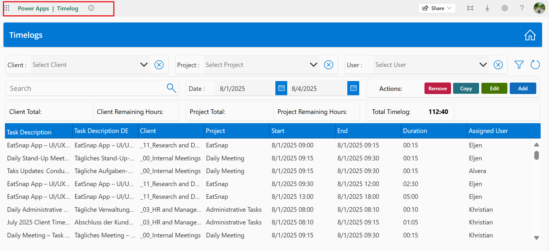 Screenshot der PowerApps-Timelog-App mit einem Dashboard und Filtern für Kunde, Projekt, Benutzer und Datumsbereich. Darunter befindet sich eine Tabelle mit Zeiteinträgen, Aufgabenbeschreibungen, Dauer und zugewiesenen Benutzern. Oben rechts sind Aktionsschaltflächen mit den Beschriftungen Entfernen, Kopieren, Bearbeiten und Hinzufügen zur Verwaltung der Einträge zu sehen.