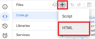Screenshot des Google Apps Script-Editors mit hervorgehobenem +-Symbol neben „Dateien“, das zum Hinzufügen eines neuen Skripts oder einer neuen HTML-Datei verwendet wird.