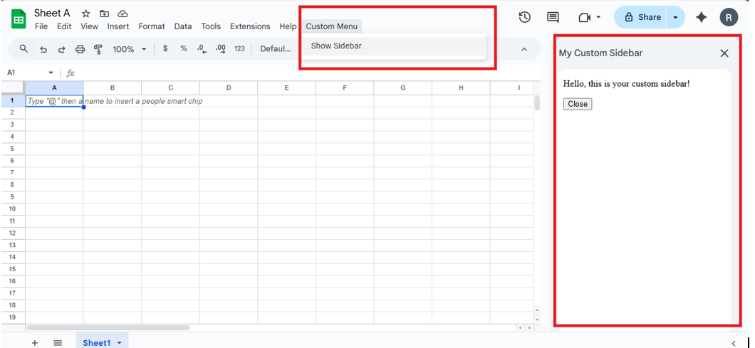 Screenshot von Google Tabellen mit einer neuen Menüregisterkarte „Benutzerdefiniertes Menü“ und der Option „Seitenleiste anzeigen“. Die benutzerdefinierte Sidebar wird rechts im Tabellenblatt eingeblendet.