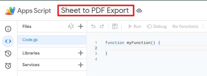 Screenshot des Google Apps Script-Editors mit der Erstellung eines neuen Projekts namens „Blatt in PDF-Export“, damit es später leichter zu erkennen ist.