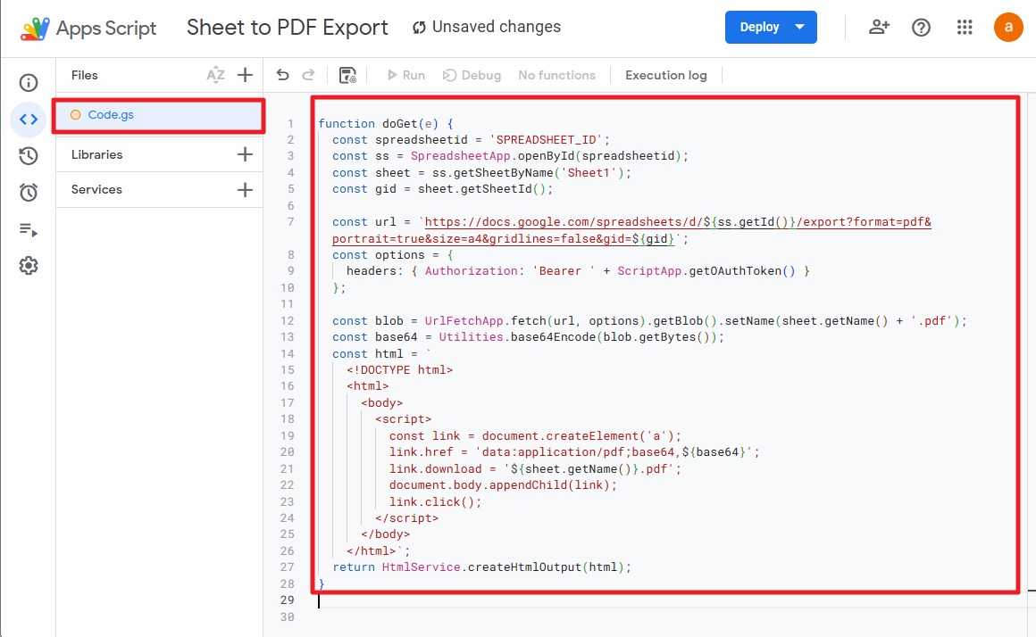 Screenshot des Google Apps Script-Editors mit der geöffneten Datei „Code.gs“ und einem eingefügten Skript im Editorfenster.