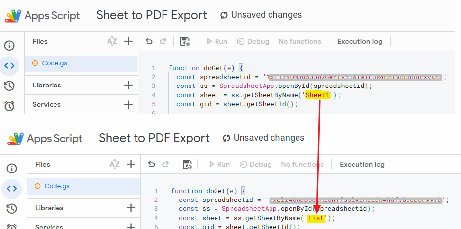 Screenshot des Apps Script-Editors mit hervorgehobenem „Sheet1“ im Skript, das durch den tatsächlichen Blattnamen am unteren Rand der Google-Tabelle ersetzt werden soll.