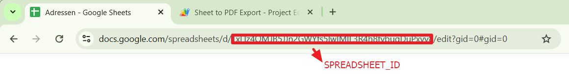 Screenshot einer Google-Tabellen-URL in der Browser-Adressleiste mit hervorgehobener Spreadsheet-ID zwischen /d/ und /edit.