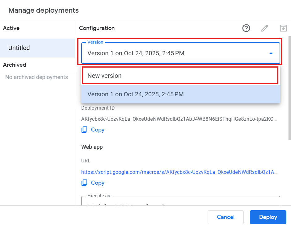 Under version select New version