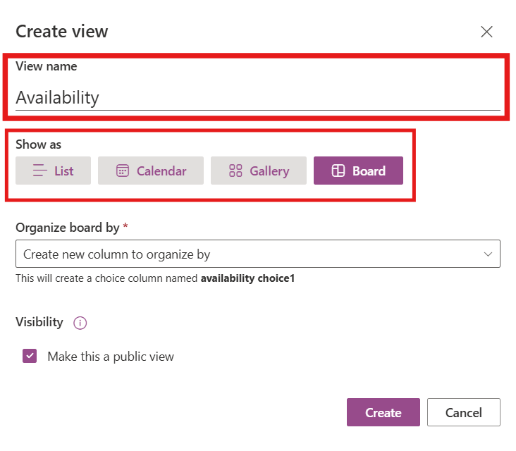 Choose a view type and give it a name