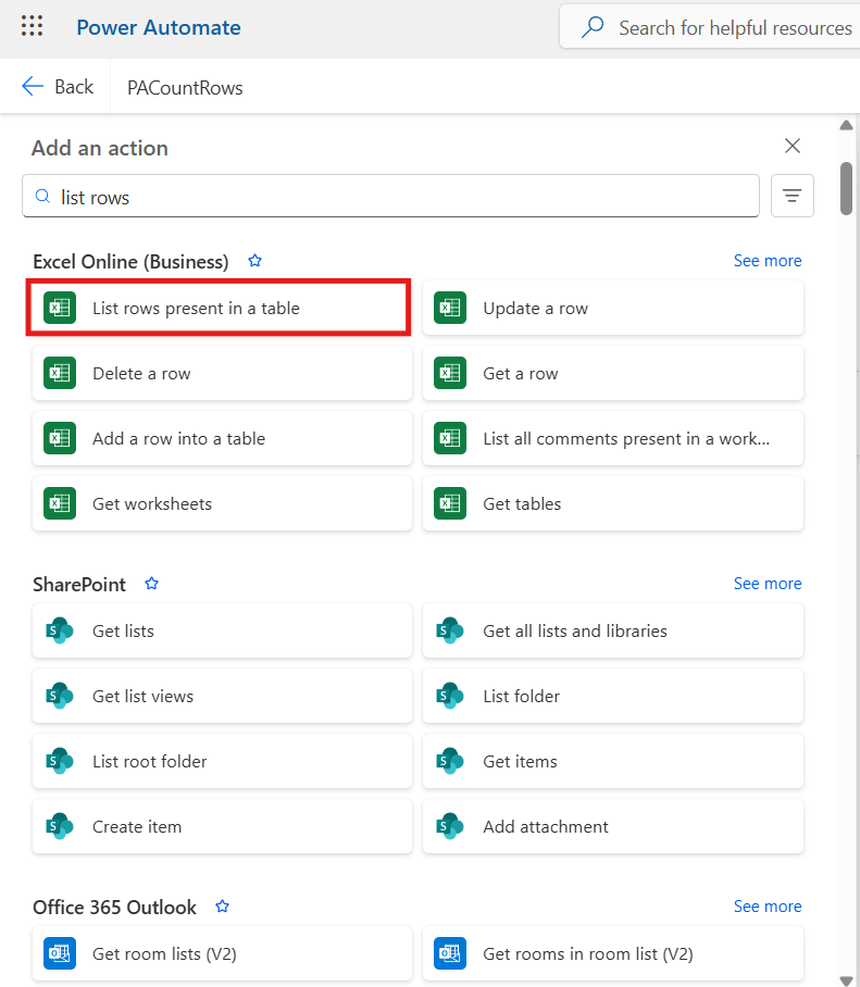 Search for List rows present in a table (Excel Online Business) to retrieve all rows from your Excel table.
