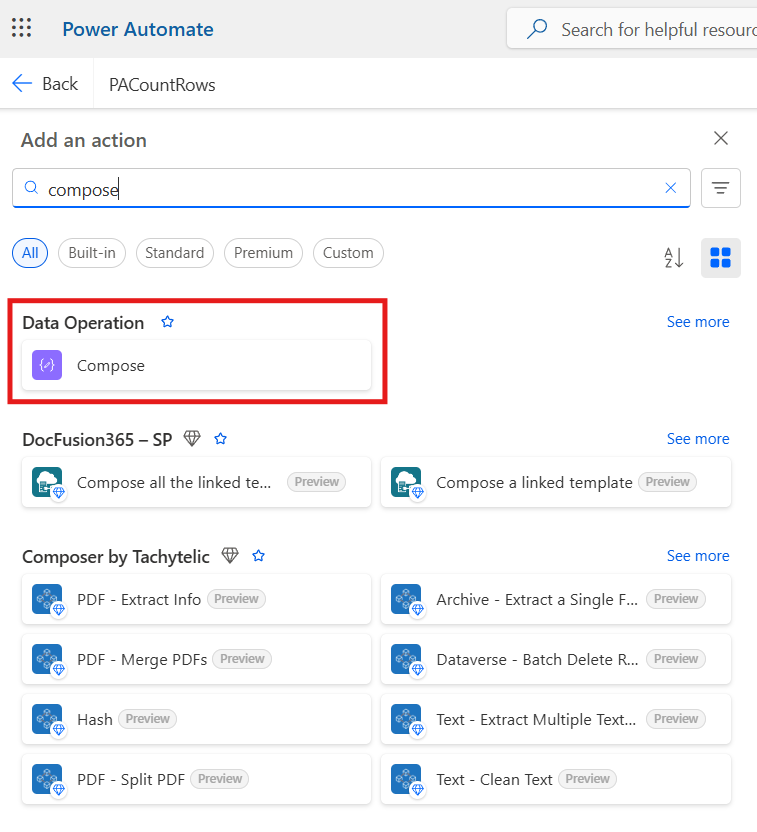 Add the Compose action to manipulate data, such as counting rows.