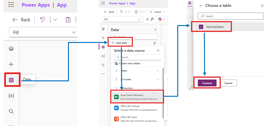 2. On the left side pane, go to Data > Add Data, search and connect to Excel Online (Business), and select your MyDataTable, and click the “Connect” button.