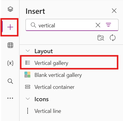 Click + (Insert) → Layout → Vertical Gallery and insert it on your screen (Gallery1).