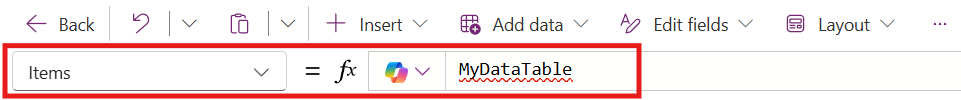 Set Items property: MyDataTable.