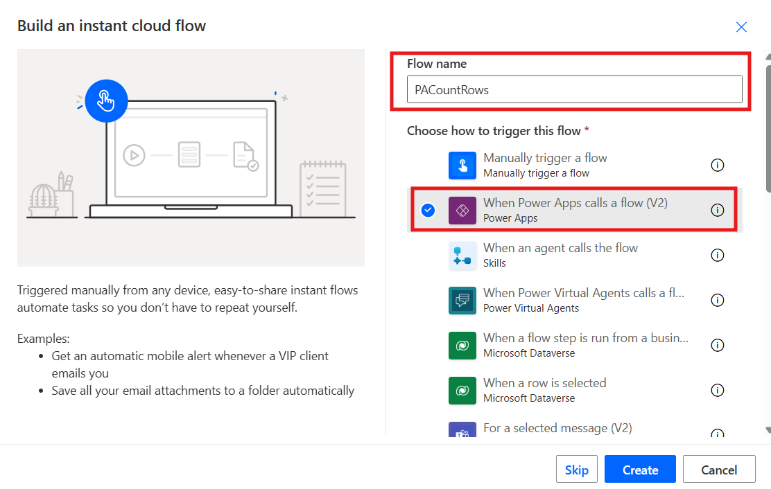 Enter a Flow name (e.g., PACountRows) and choose When Power Apps calls a flow (V2) as the trigger.