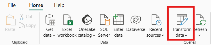 Go to Home > Transform Data to open Power Query.