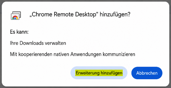 Bestätigung zum Hinzufügen der Erweiterung